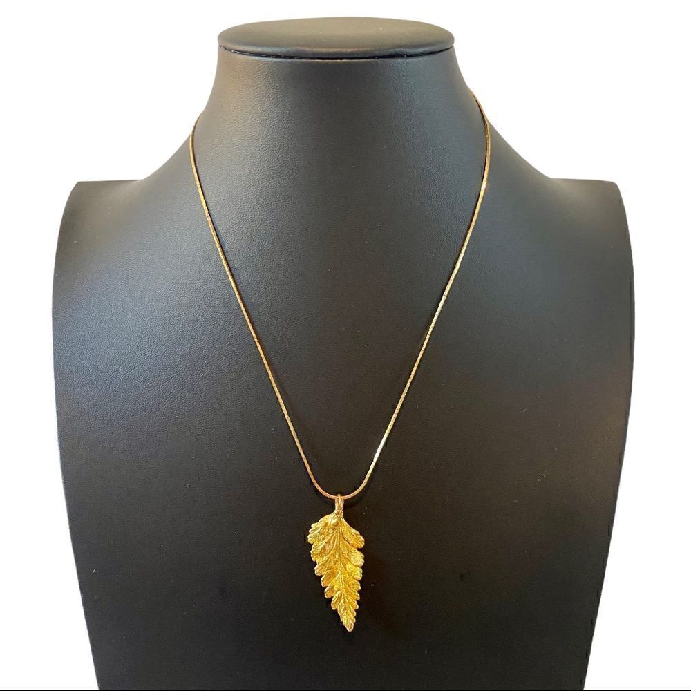 Yellow Gold Toned Elm Leaf Pendant Necklace.